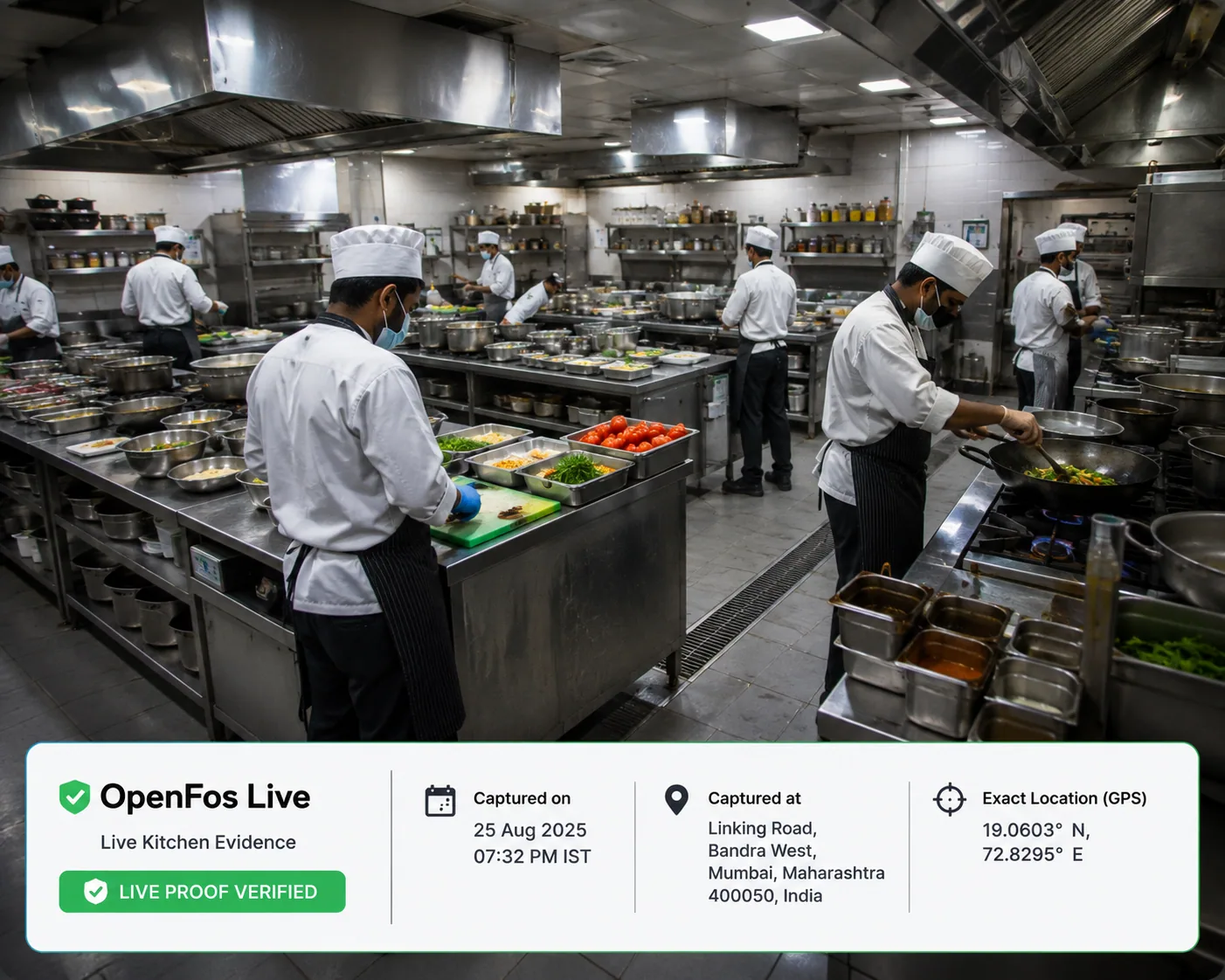 Illustrative OpenFOS live kitchen evidence showing capture time, location and GPS metadata