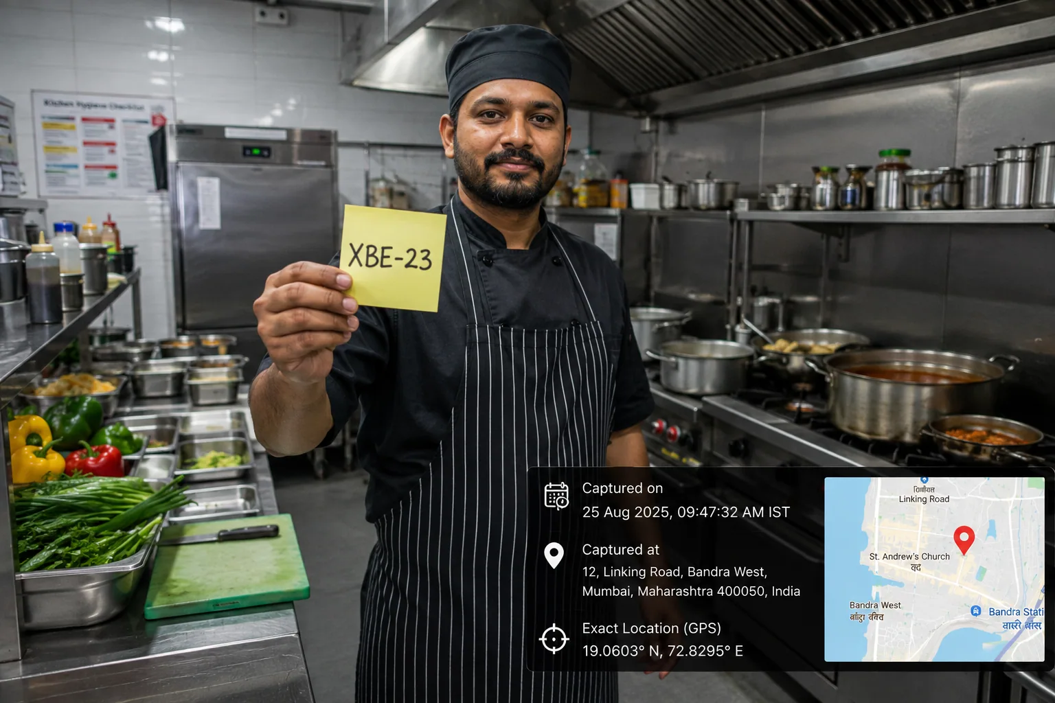 Illustrative OpenFOS demo showing a chef holding a server-generated challenge code inside a kitchen
